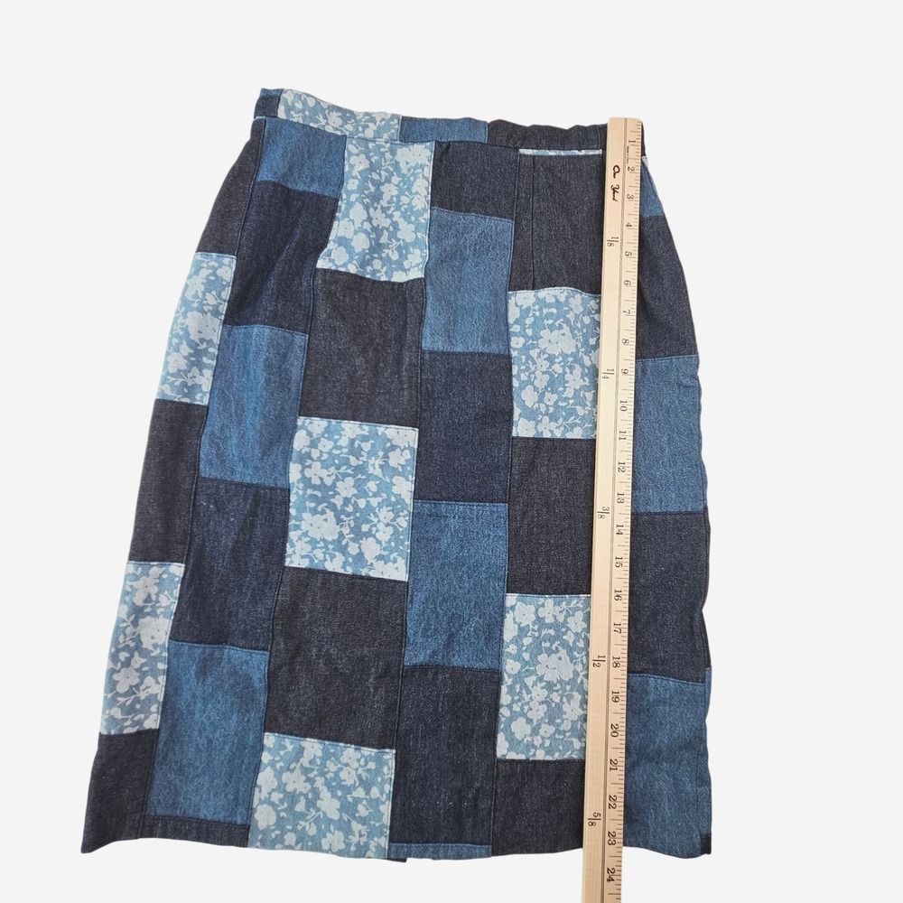Hand Crafted Patchwork Denim Midi Skirt Floral Print Blue Jean Pencil Skirt Smal